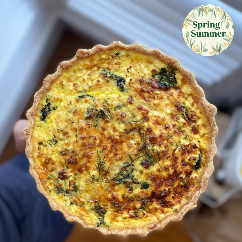 Spinach and feta quiche with Spring/Summer sticker